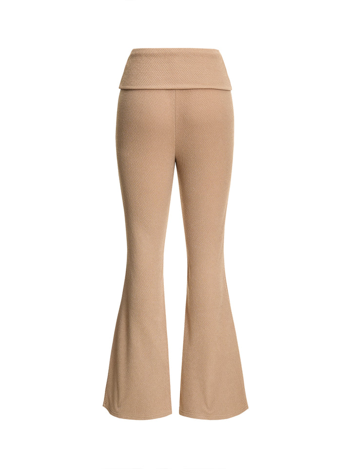 Casual Plain Textured Fabric Fold-Waist Women Flared Pants