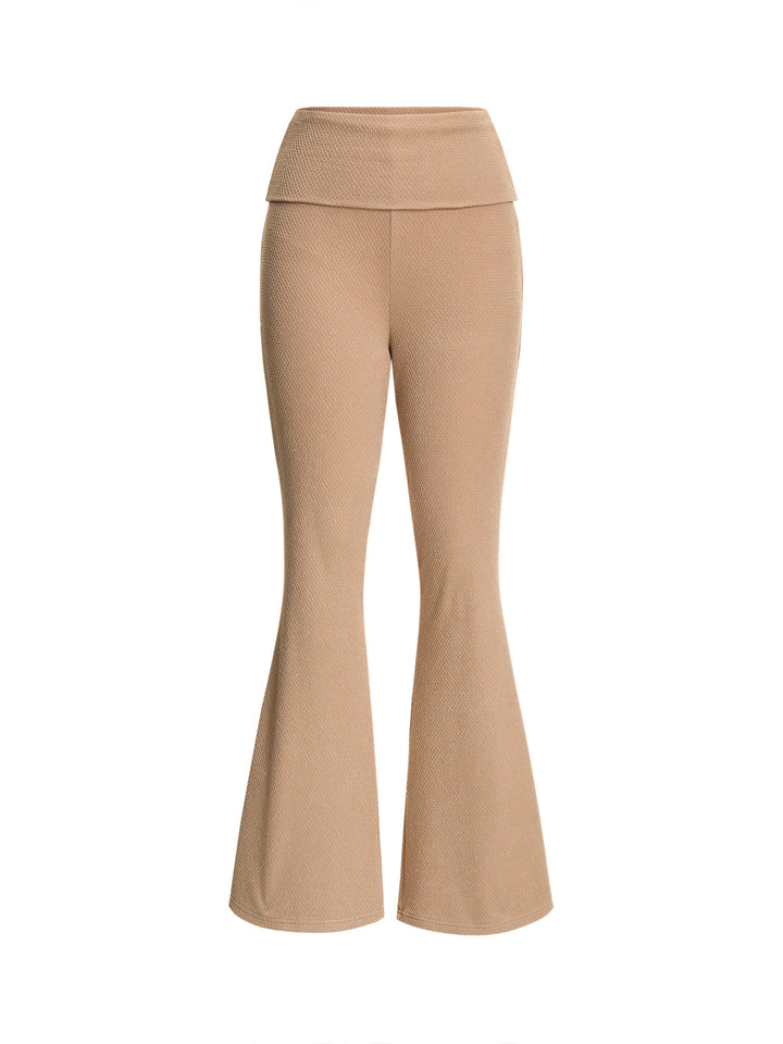 Casual Plain Textured Fabric Fold-Waist Women Flared Pants