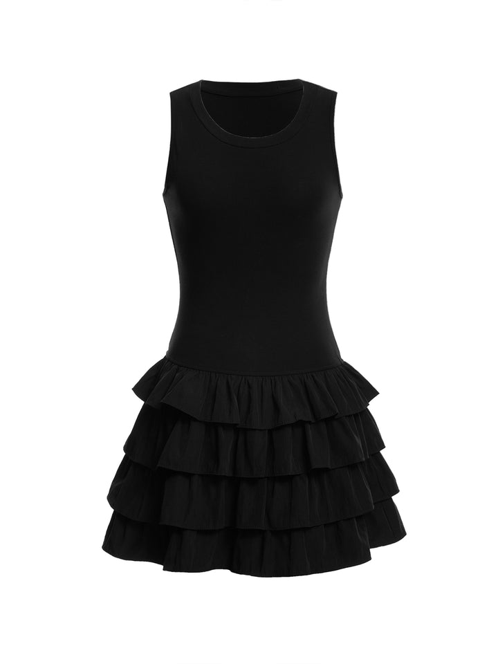 Tank Preppy Fabric Splicing Layered Ruffle Drop-Waist Mini Dresses