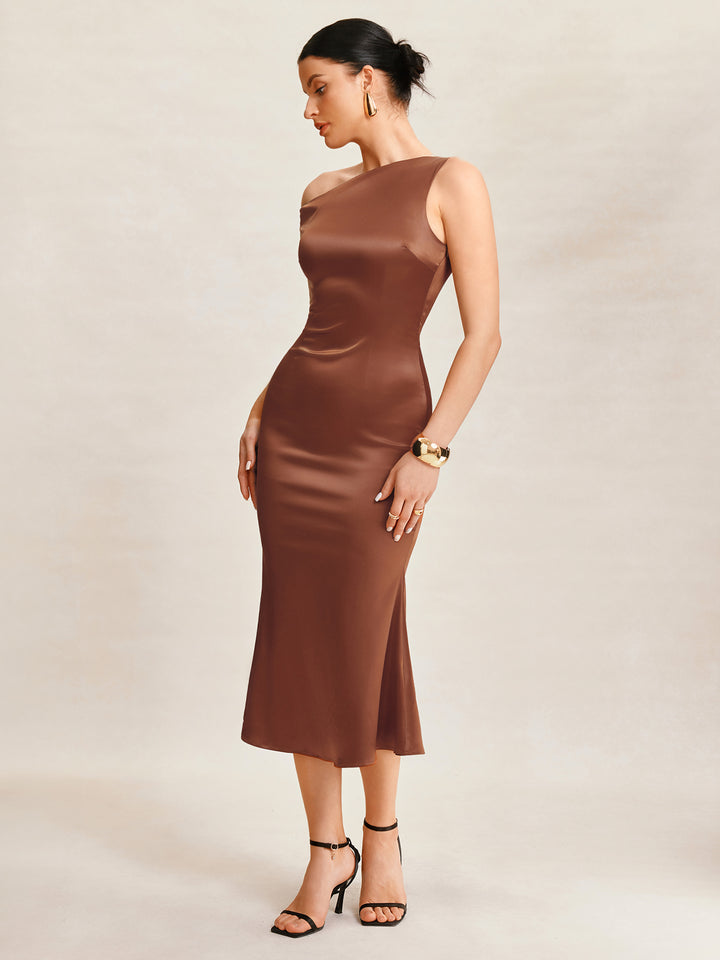 Sirenita elegante Ruchada asimétrica Cuello Midi Mujeres Vestidos
