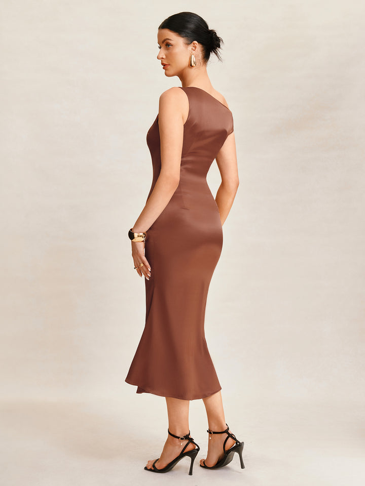 Sirenita elegante Ruchada asimétrica Cuello Midi Mujeres Vestidos