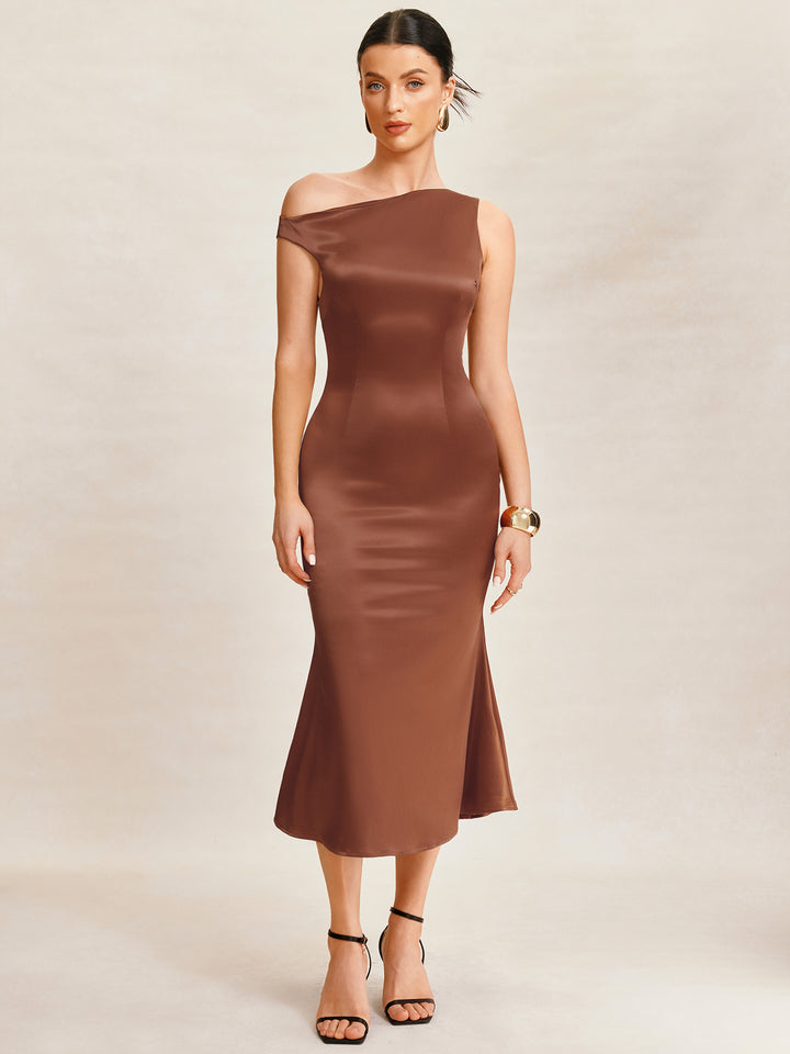 Sirenita elegante Ruchada asimétrica Cuello Midi Mujeres Vestidos