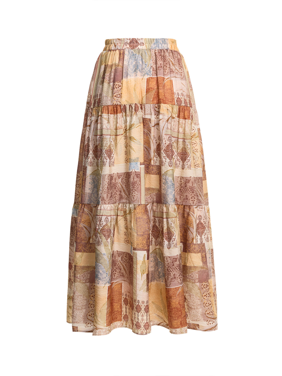 Boho Patchwork All Over Print A Line Ruffle Hem Midi Women Skirts
