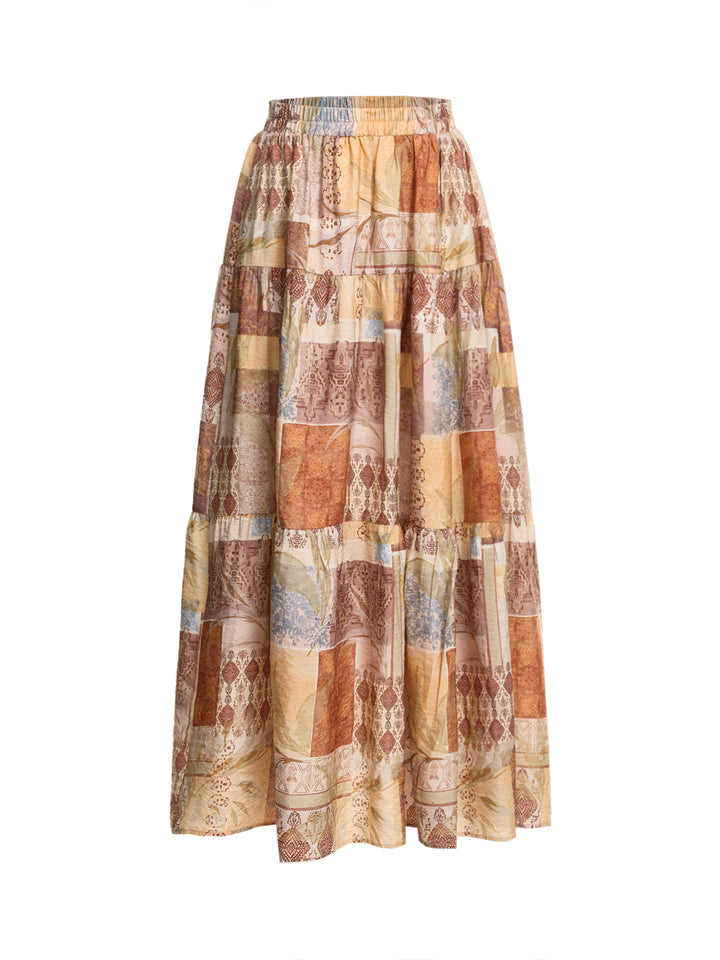 Boho Patchwork All Over Print A Line Ruffle Hem Midi Women Skirts