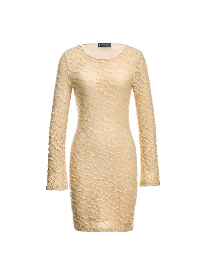 Textured Round Neck Bell Sleeve Mini Dress -