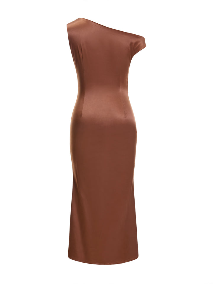 Sirenita elegante Ruchada asimétrica Cuello Midi Mujeres Vestidos