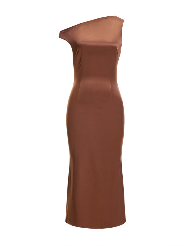 Sirenita elegante Ruchada asimétrica Cuello Midi Mujeres Vestidos